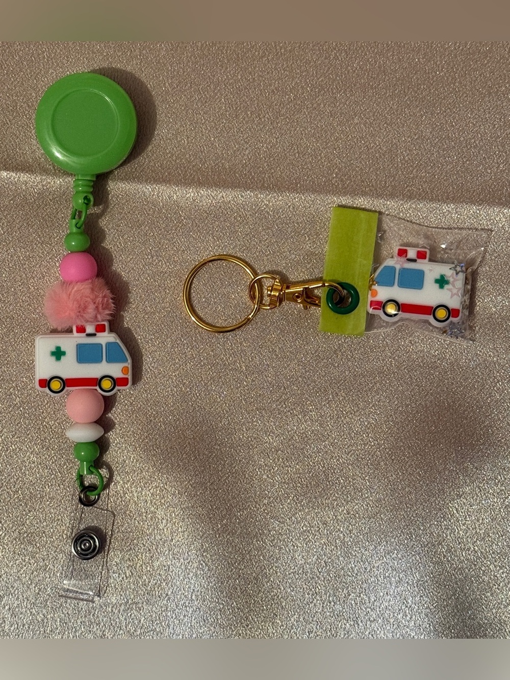 Handmade Beaded Preppy Ambulance Medical Badge Reel & Keychain Set